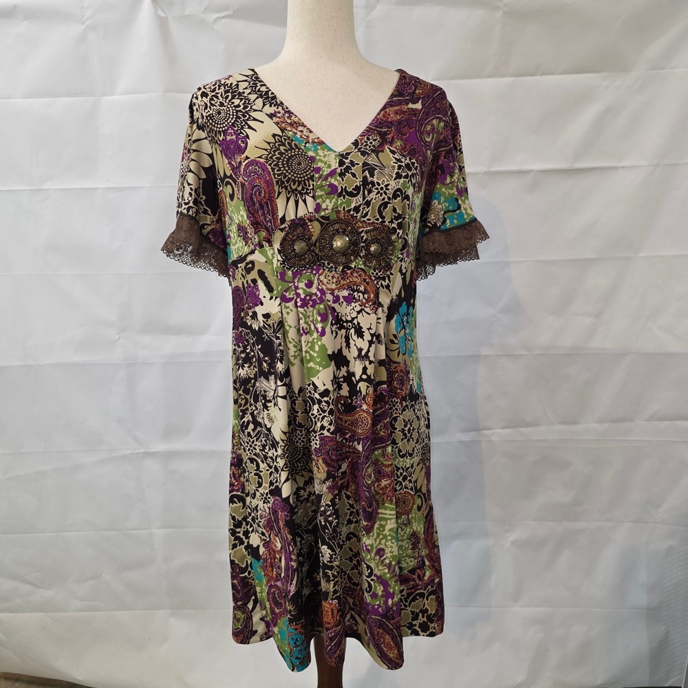 ECI New York Paisley Floral Beaded Empire Waist Dress Brown Purple Green Size‎ 8